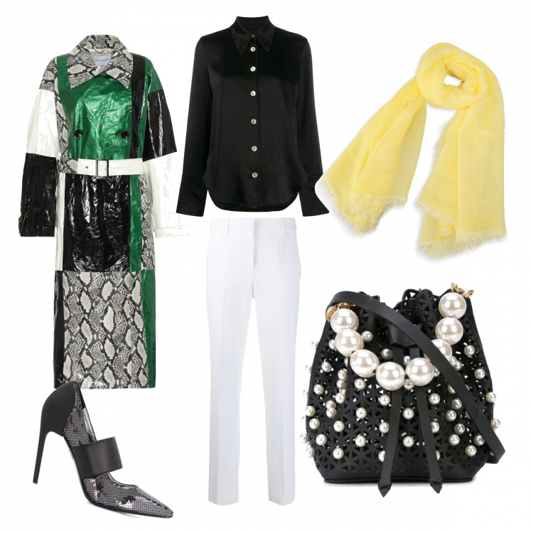 Outfit donna - Eccentrica. Stile Chic per Serata fuori. Abbinamento con borse a tracolla, décolleté, pantaloni, bluse, cappotti, scialli.