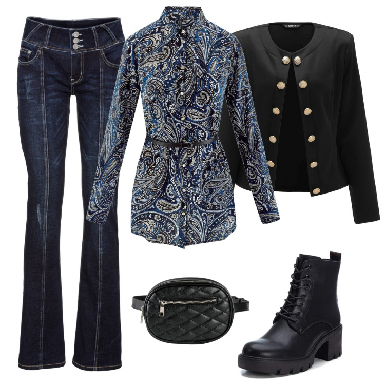 Outfit donna - Nero e blu. Stile Rock Abbinamento con jeans bootcut, marsupi, tuniche, stivaletti, blazer.