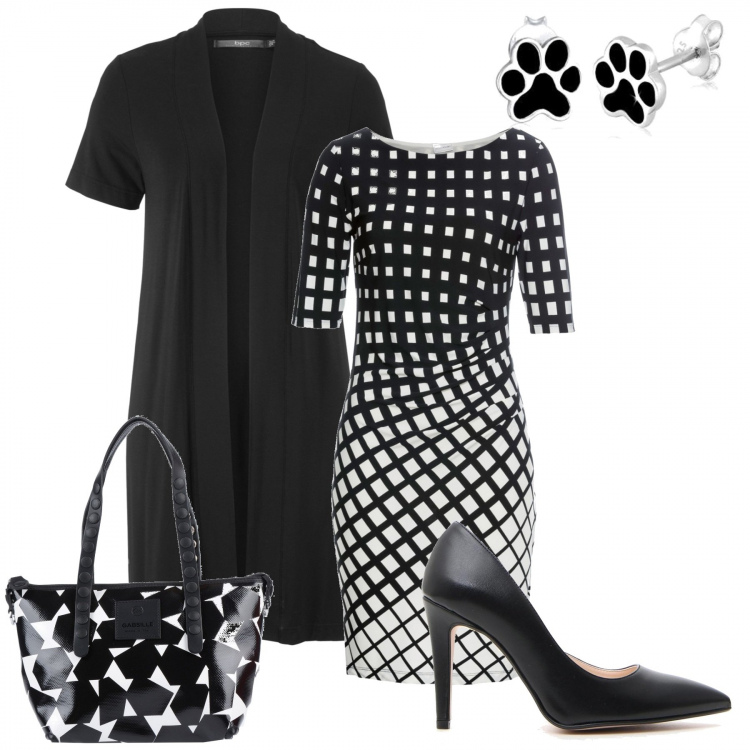 Outfit donna - Chiccosa in ufficio.. Stile Chic per Ufficio. Abbinamento con cardigans, vestiti, borse a mano, décolleté, orecchini.