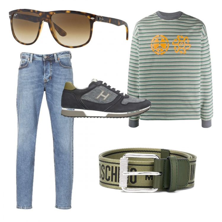 Outfit uomo - Oggi Si studia all’aperto. Stile Casual per Tutti i giorni. Abbinamento con jeans, felpe, cinture, sneakers, occhiali da sole.