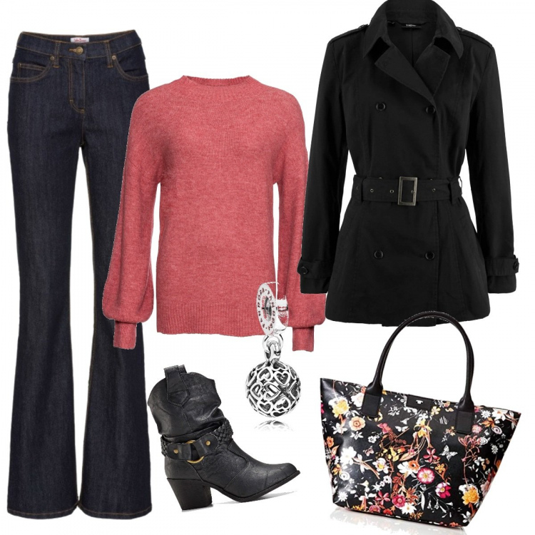 Outfit donna - Inverno e colore. Stile Basic per Tutti i giorni. Abbinamento con jeans bootcut, trench, maglieria, stivaletti texani, borse a mano, ciondoli.
