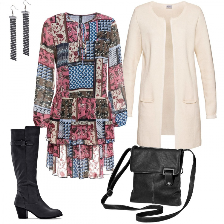 Outfit donna - Caldo cardigan. Stile Trendy per Tutti i giorni. Abbinamento con stivali, vestiti, cardigans, sandali col tacco, orecchini.