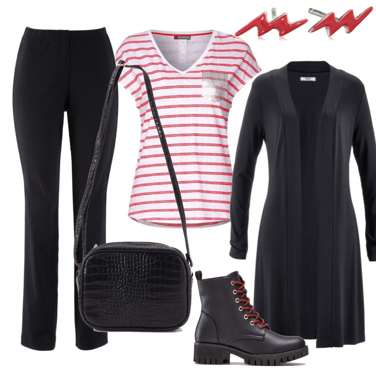 Outfit donna - Rosso flash. Stile Basic per Tutti i giorni. Abbinamento con cardigans, pantaloni, stivaletti, borse a tracolla, t-shirt, orecchini.