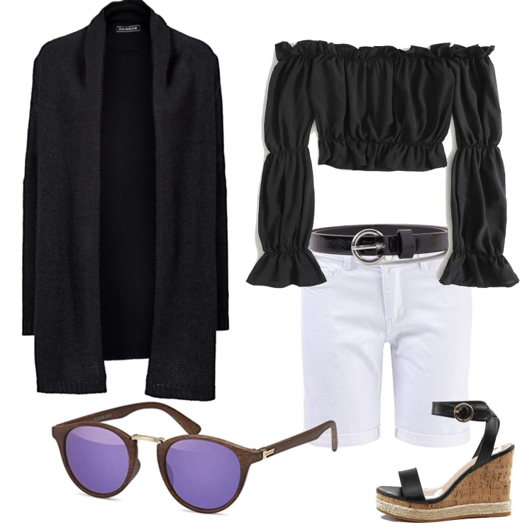 Outfit donna - Pronta per lo shopping. Stile Trendy per Tutti i giorni. Abbinamento con cardigans, cinture, bluse, jeans, zeppe, occhiali da sole.