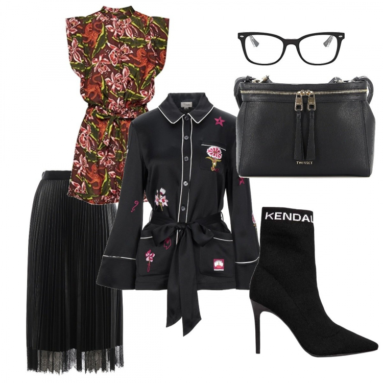Outfit donna - Urban #25012. Stile Urban per Scuola/Università. Abbinamento con camicie, gonne longuette, borse tote, tuta corta, top, stivaletti.