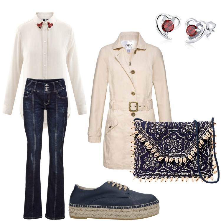 Outfit donna - Visita di domenica. Stile Basic per Tutti i giorni. Abbinamento con jeans bootcut, trench, borse a tracolla, sneakers, camicie, orecchini.