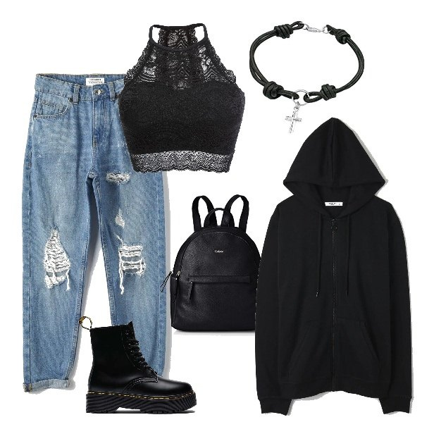 Outfit donna - Urban #25027. Stile Urban per Tutti i giorni. Abbinamento con reggiseni, jeans mom, felpe con cappuccio, anfibi, braccialetti, zaini.