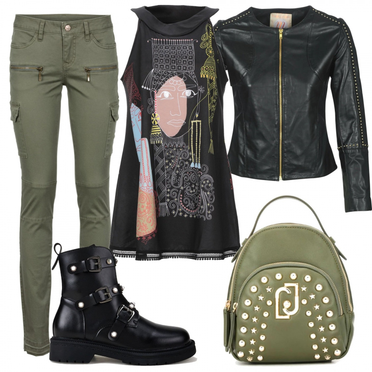 Outfit donna - Rock #6518. Stile Rock per Scuola/Università. Abbinamento con pantaloni cargo, top, blazer, zaini, anfibi.
