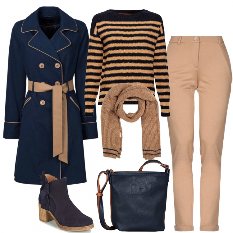 Outfit donna - Contrasti bicolor. Stile Basic per Ufficio. Abbinamento con trench, pantaloni, sciarpe, stivaletti, pullovers, borse a spalla.