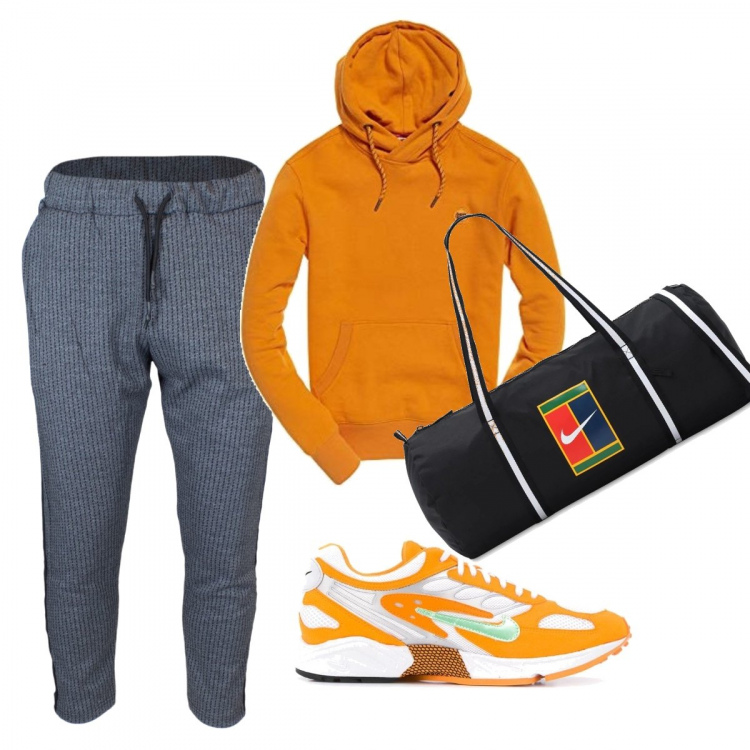 Outfit uomo - Un pomeriggio di relax. Stile Casual per Sport. Abbinamento con pantaloni chino, sneakers, felpe con cappuccio, borse sportive.