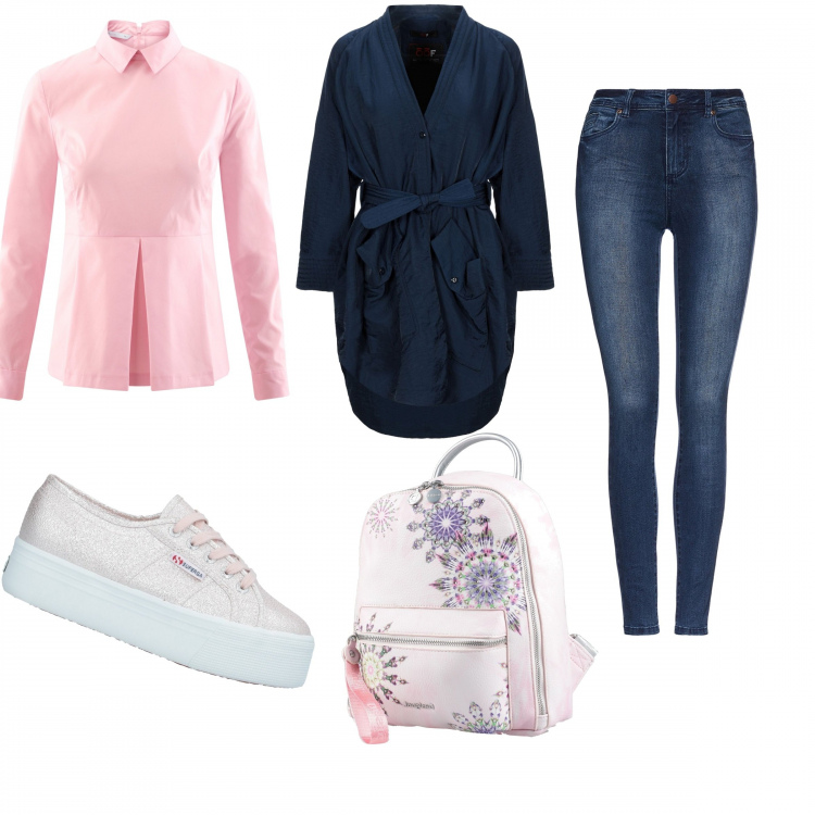 Outfit donna - Camicia pink. Stile Basic per Tutti i giorni. Abbinamento con cappotti, sneakers, zaini, camicie, jeans.