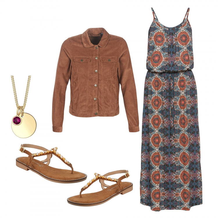 Outfit donna - Sera di fine estate. Stile Trendy per Tutti i giorni. Abbinamento con vestiti lunghi, blazer, infradito, collane.