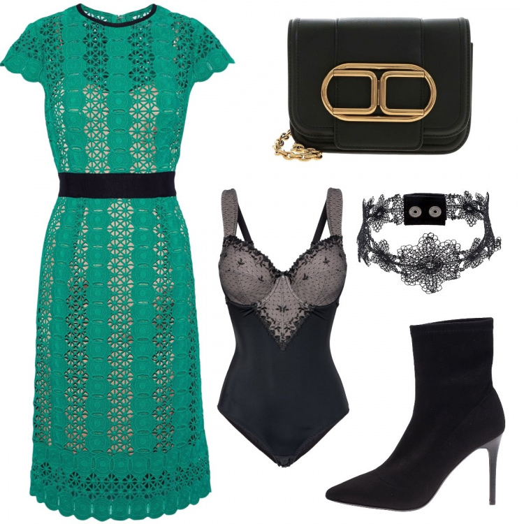 Outfit donna - Sexy #8677. Stile Sexy per Serata fuori. Abbinamento con body, vestiti midi/longuette, collane, stivaletti, borse a spalla.
