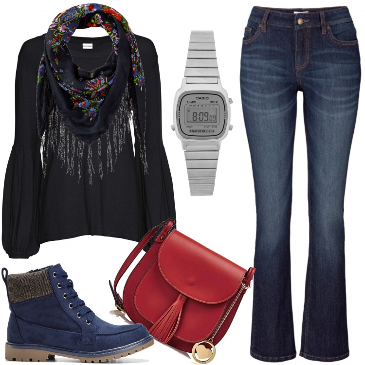 Outfit donna - Al parco con Kira. Stile Basic per Tutti i giorni. Abbinamento con jeans bootcut, maglioni, foulard, stivaletti, orologi, borse a spalla.