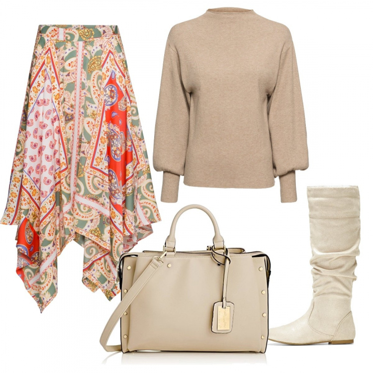 Outfit donna - Un pomeriggio di shopping. Stile Etnico per Tutti i giorni. Abbinamento con maglieria, gonne, stivali, borse tote.