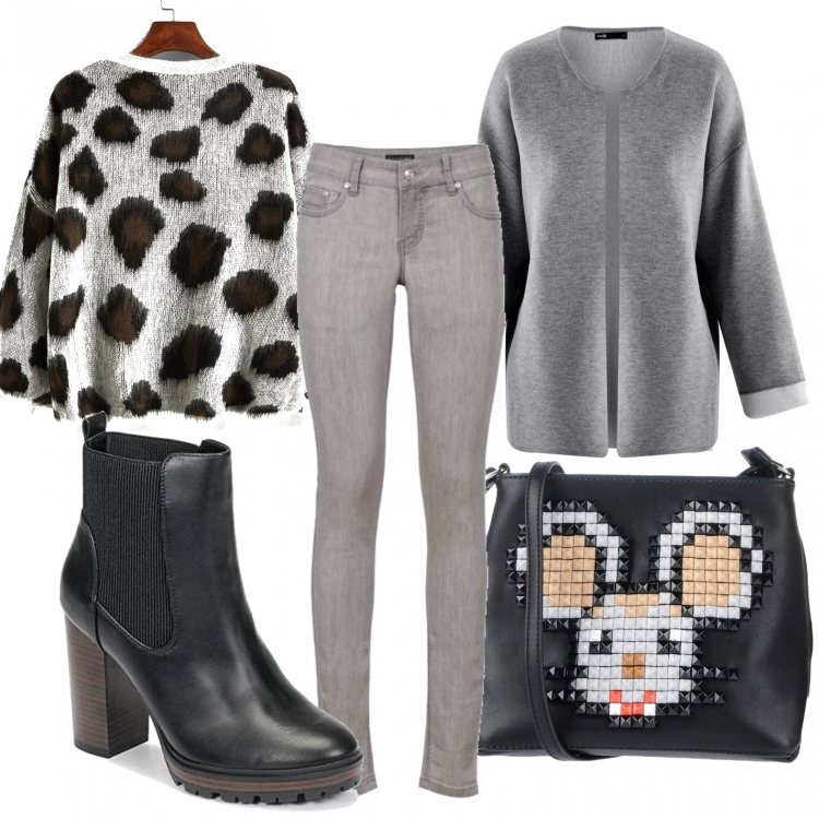 Outfit donna - Animalier urbano. Stile Urban per Tutti i giorni. Abbinamento con jeans skinny, borse a tracolla, pullovers, blazer, stivali.