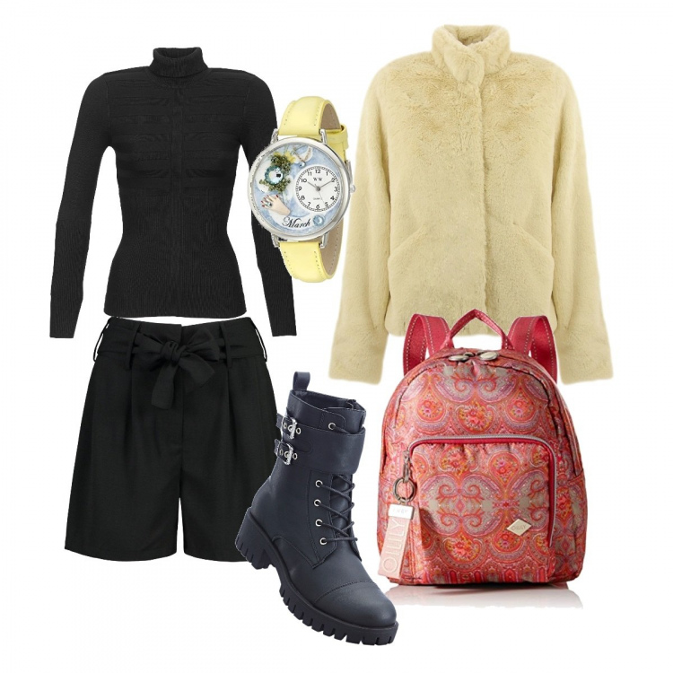 Outfit donna - Sportiva ma con classe. Stile Urban per Scuola/Università. Abbinamento con stivaletti, pantaloni corti, maglieria, cappotti, orologi, zaini.