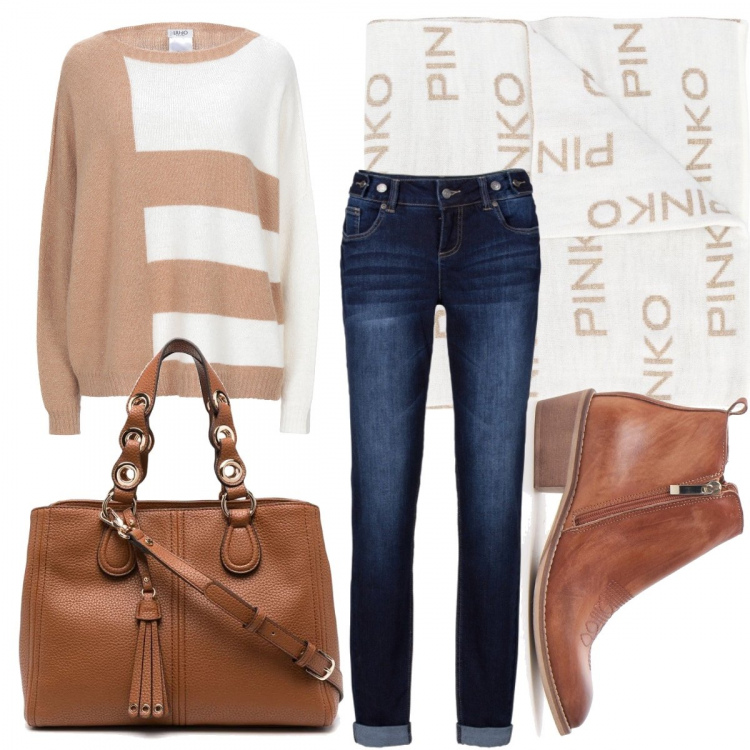 Outfit donna - Denim e cuoio. Stile Urban per Tutti i giorni. Abbinamento con jeans boyfriend, pullovers, sciarpe, borse tote, stivaletti texani.