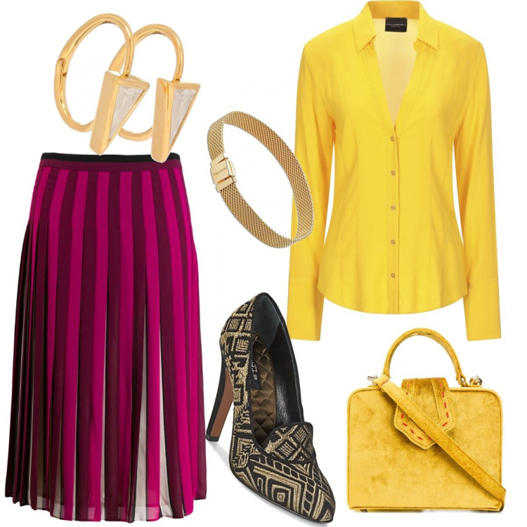 Outfit donna - Una data Importante. Stile Chic per Serata fuori. Abbinamento con camicie, décolleté, gonne longuette, borse tote, braccialetti, orecchini.