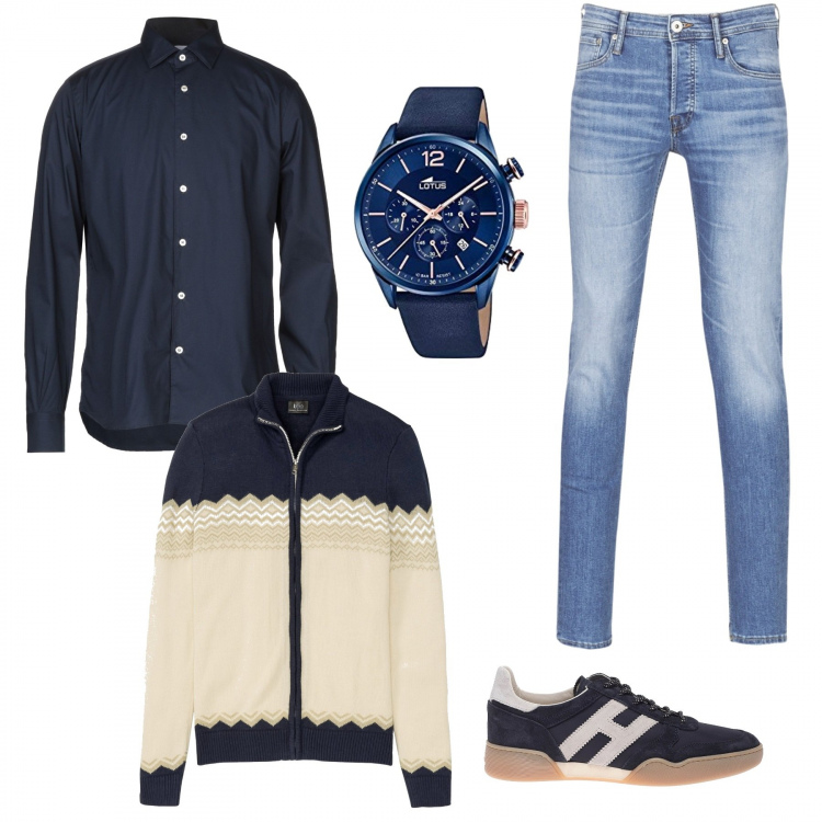 Outfit uomo - Basic tutti i giorni. Stile Casual per Tutti i giorni. Abbinamento con cardigans, camicie, jeans, sneakers, orologi.