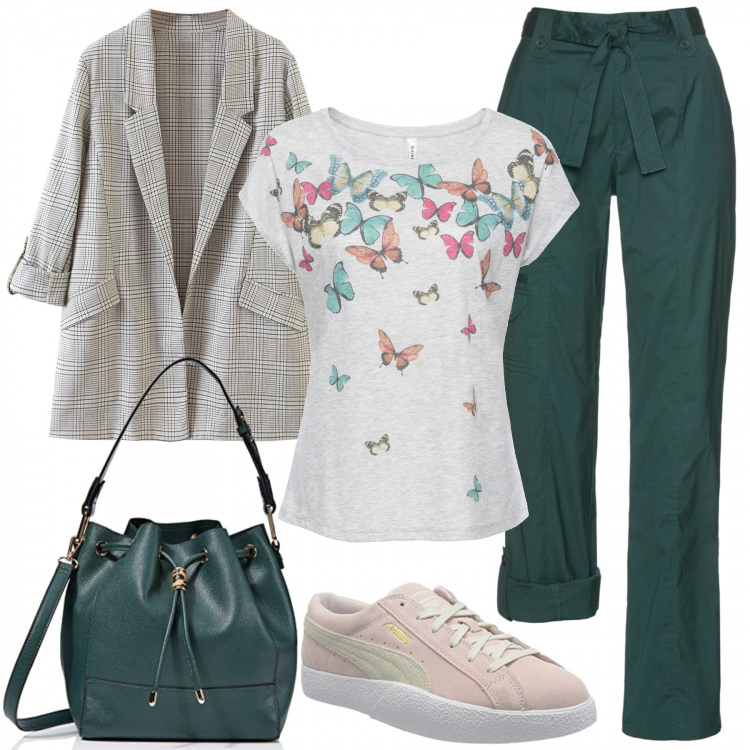 Outfit donna - Mattinata di commissioni. Stile Basic per Tutti i giorni. Abbinamento con maglieria, pantaloni, sneakers, blazer, borse a spalla.