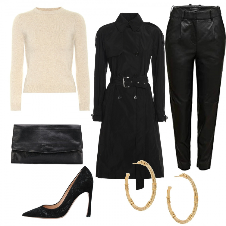 Outfit donna - Trend : beige e nero. Stile Trendy per Serata fuori. Abbinamento con décolleté, orecchini, clutch, trench, pullovers, pantaloni.