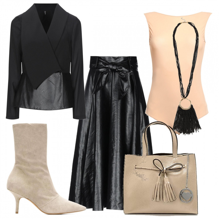 Outfit donna - Nero e beige. Stile Bon Ton per Tutti i giorni. Abbinamento con gonne longuette, blazer, top, collane, stivaletti, borse a mano.