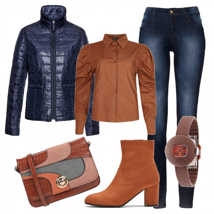 Outfit donna - Trendy con il piumino. Stile Trendy per Tutti i giorni. Abbinamento con jeans skinny, cappotti, stivaletti, borse a tracolla, camicie, orologi.