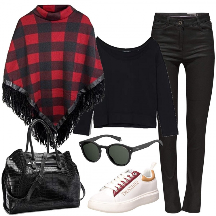 Outfit donna - Mantella a quadri e sneakers bianche. Stile Trendy per Tutti i giorni. Abbinamento con pantaloni skinny, cappotti, borse a mano, sneakers, felpe, occhiali da sole.