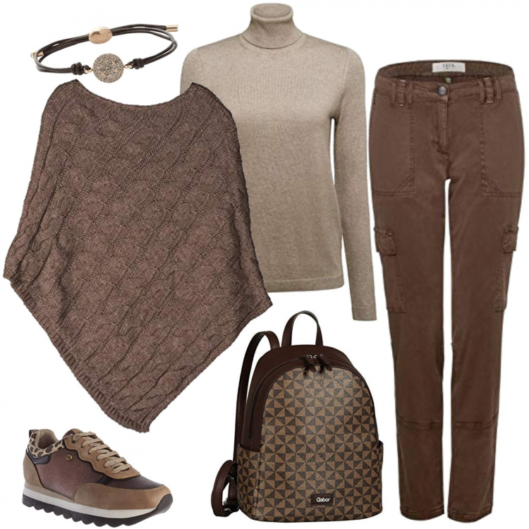 Outfit donna - Praticità in sneakers e mantella. Stile Trendy per Tutti i giorni. Abbinamento con sneakers, cappotti, pantaloni cargo, maglioni, zaini, braccialetti.