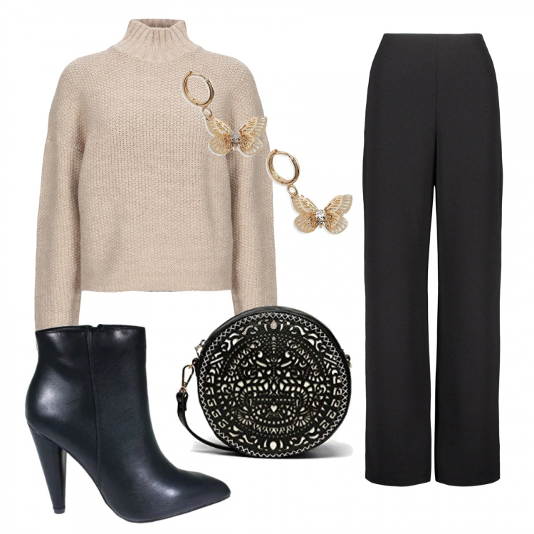 Outfit mujer - Básico pero no aburrido. Estilo Basic para Oficina. Combinación con bandoleras, botas, pantalones, jerséis, pendientes.