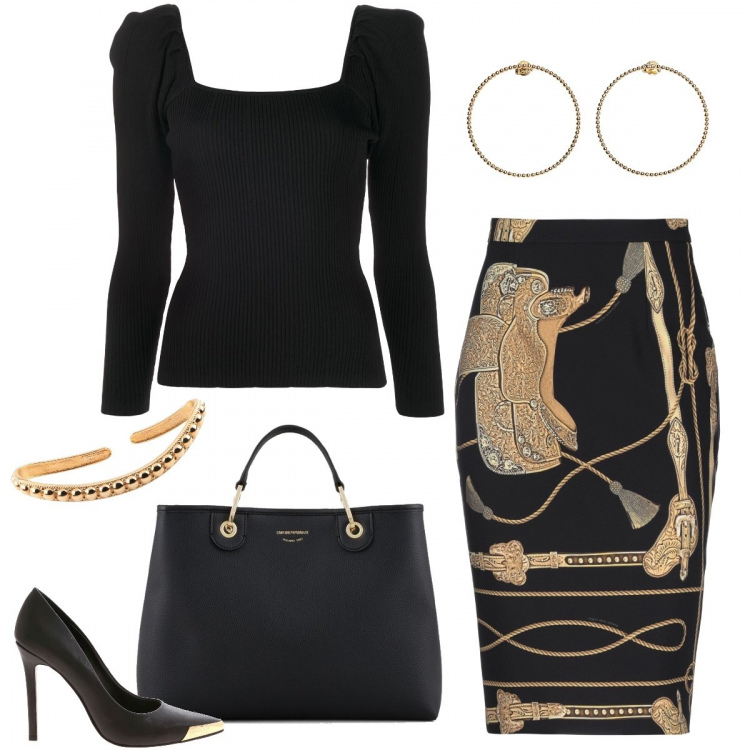 Outfit donna - Gioielli e dettagli oro. Stile Chic per Serata fuori. Abbinamento con gonne longuette, orecchini, braccialetti, maglioni, shopping bag, décolleté.