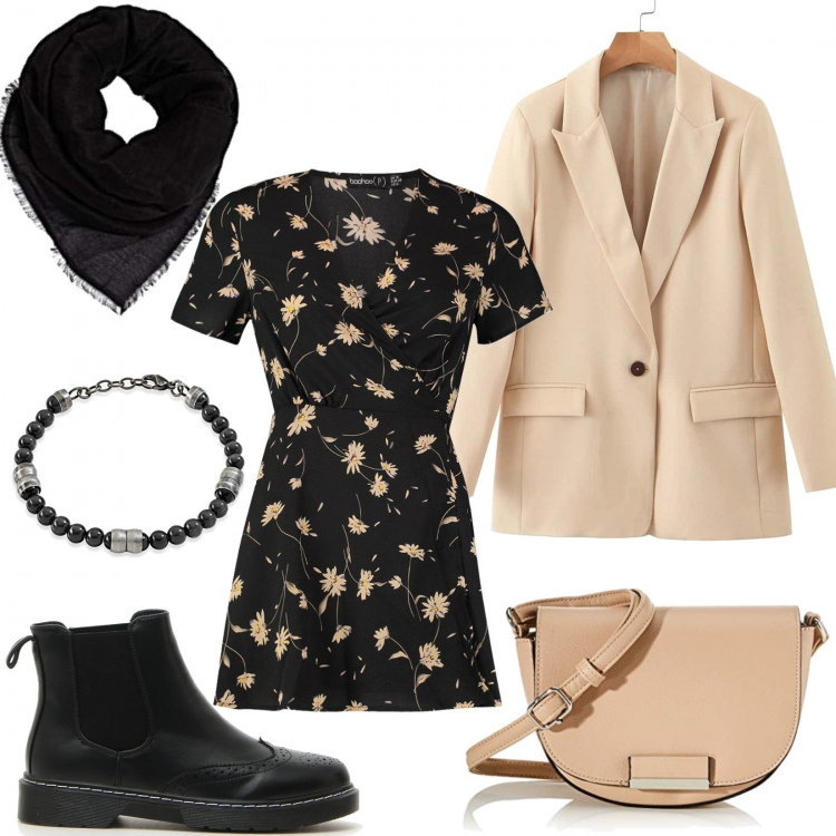 Outfit donna - Look nero&beige. Stile Trendy per Tutti i giorni. Abbinamento con vestiti, stivaletti, blazer, borse a tracolla, braccialetti, sciarpe.