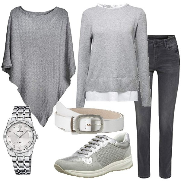 Outfit donna - Mantella e sneakers grey. Stile Urban per Tutti i giorni. Abbinamento con pullovers, sneakers, cappotti, jeans, orologi, cinture.