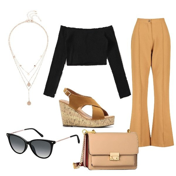 Outfit donna - 𝓑𝒆𝒊𝒈𝒆 & 𝓑𝒍𝒂𝒄𝒌. Stile Trendy per Tutti i giorni. Abbinamento con sandali, ciondoli, pantaloni, borse a mano, top, occhiali da sole.