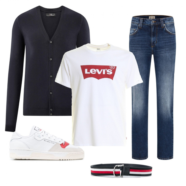 Outfit uomo - Basic per tutti i giorni. Stile Trendy per Tutti i giorni. Abbinamento con cinture, sneakers, cardigans, t-shirt, jeans dritti.