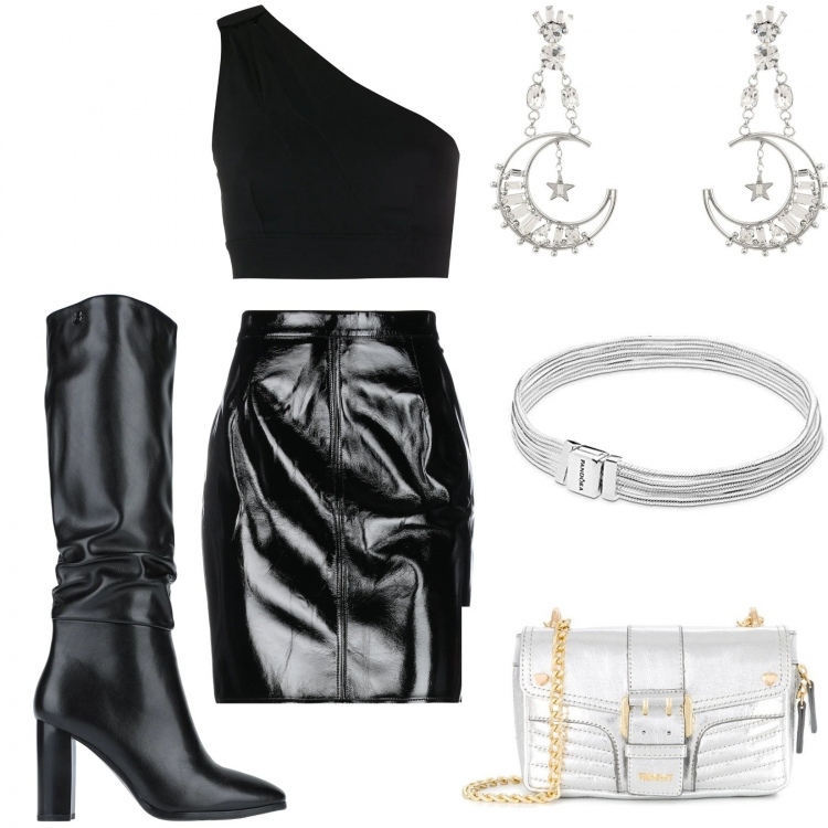 Outfit donna - Outfit accattivante. Stile Sexy per Serata fuori. Abbinamento con gonne longuette, stivali, orecchini, top, borse a tracolla, braccialetti.