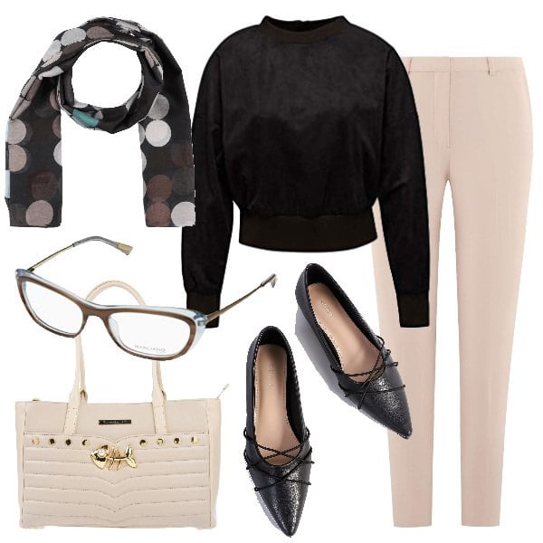 Outfit donna - Beige e nero pantaloni e blusa. Stile Bon Ton per Ufficio. Abbinamento con borse a mano, stole, ballerine, camicie, pantaloni, occhiali.