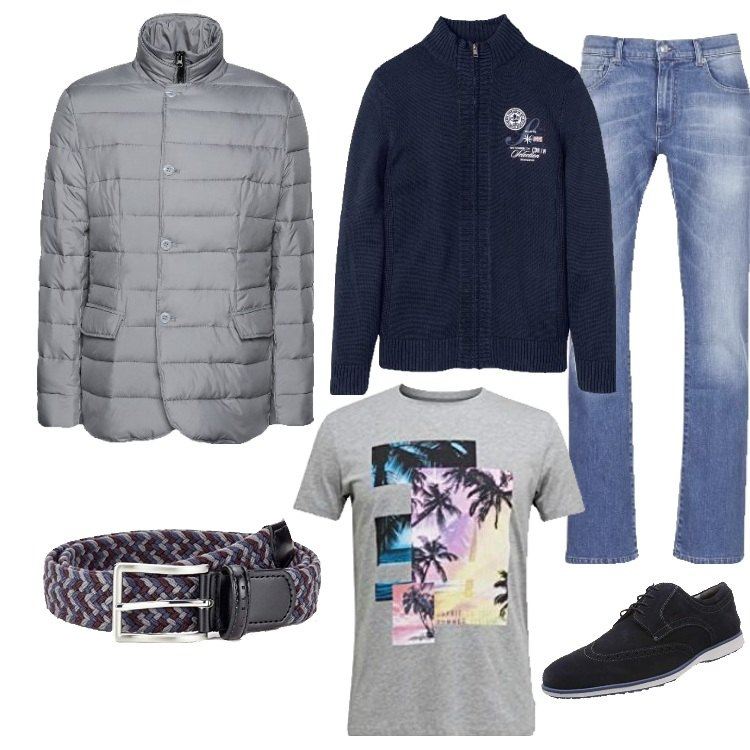 Outfit uomo - Look basic per tutti i giorni. Stile Casual per Tutti i giorni. Abbinamento con cardigans, piumini, jeans bootcut, t-shirt, scarpe stringate, cinture.