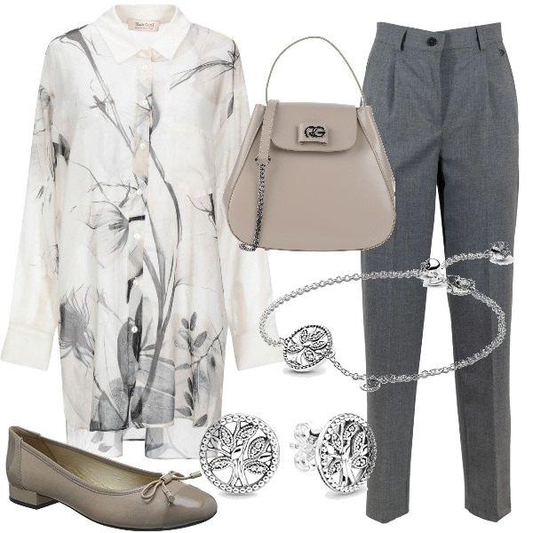 Outfit donna - Romantica con Pandora. Stile Bon Ton per Ufficio. Abbinamento con camicie, borse a mano, pantaloni chino, ballerine, braccialetti, orecchini.