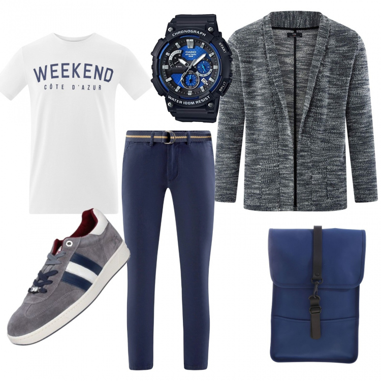 Outfit uomo - Basico ma perfetto. Stile Casual per Tutti i giorni. Abbinamento con sneakers, cardigans, t-shirt, pantaloni chino, borse sportive, orologi.