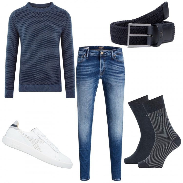 Outfit uomo - Basic e low cost. Stile Casual per Tutti i giorni. Abbinamento con sneakers, jeans, cinture, maglioni, calzini.