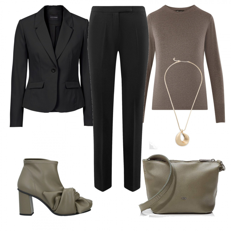 Outfit donna - Riunione col capo. Stile Urban per Ufficio. Abbinamento con stivaletti, blazer, sneakers, pantaloni, maglieria, borse a tracolla.