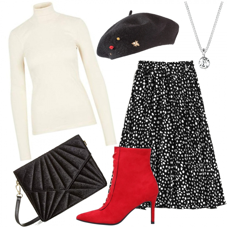 Outfit donna - Come una parigina. Stile Chic per Tutti i giorni. Abbinamento con cappelli e berretti, stivaletti, gonne longuette, pullovers, borse a tracolla, collane.