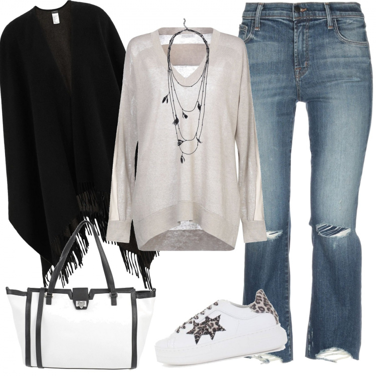 Outfit mujer - Urban #25103. Estilo Urban para Todos los días. Combinación con sneakers, jerséis, abrigos, vaqueros rotos, collares, bandoleras.