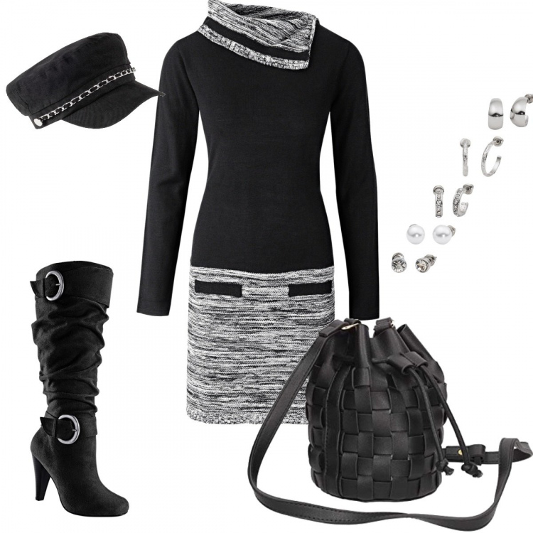 Outfit donna - Perfetta per l\'inverno. Stile Trendy per Tutti i giorni. Abbinamento con vestiti, stivali, berretti, orecchini, pochette.