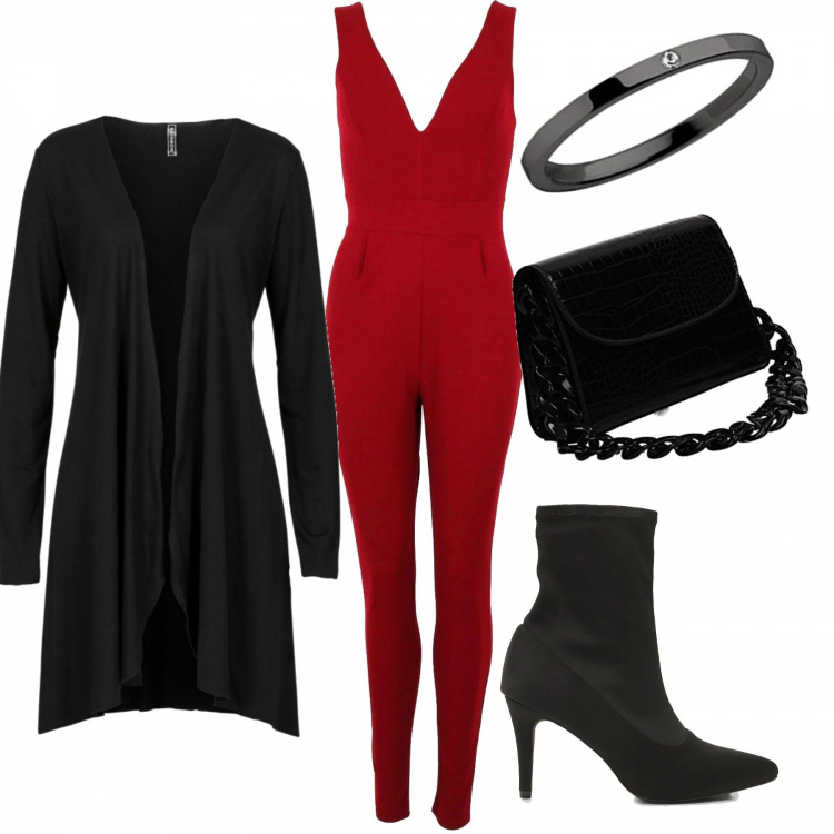 Outfit donna - Bordeaux mon amour. Stile Chic per Serata fuori. Abbinamento con cardigans, tute, stivaletti, pochette, anelli.