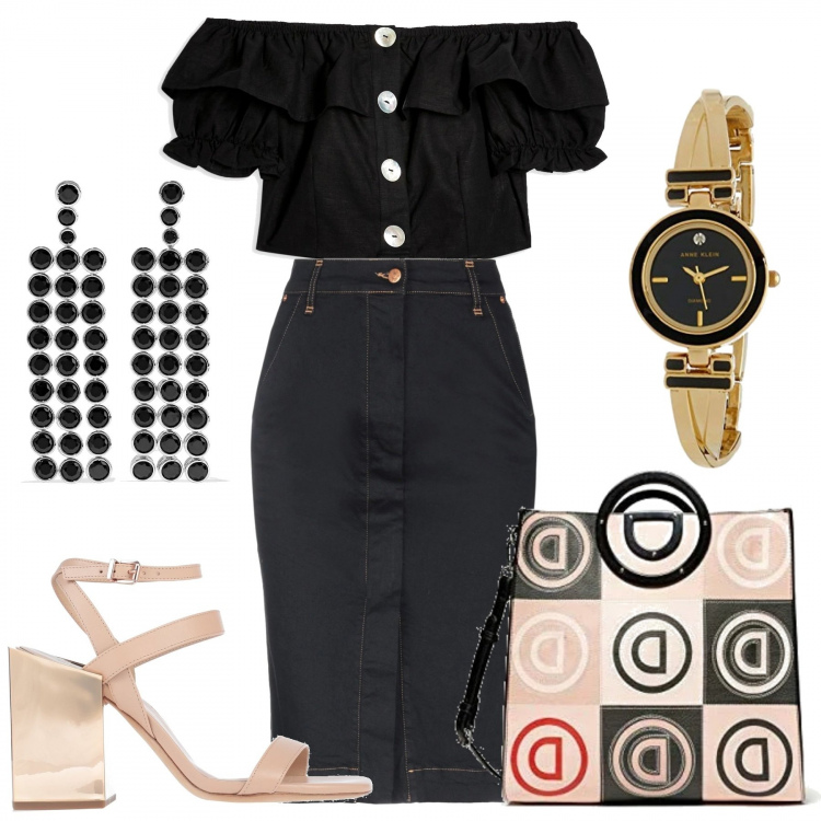 Outfit mujer - Vaquera negra. Estilo Urban para Todos los días. Combinación con bolsos de mano, reloj, faldas, blusas, pendientes, sandalias de tacón.