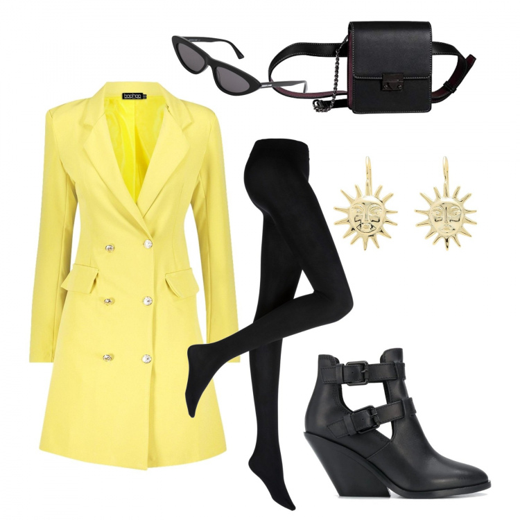 Outfit donna - Yellowismust. Stile Urban per Serata fuori. Abbinamento con collant, orecchini, occhiali da sole, vestiti, stivaletti, marsupi.