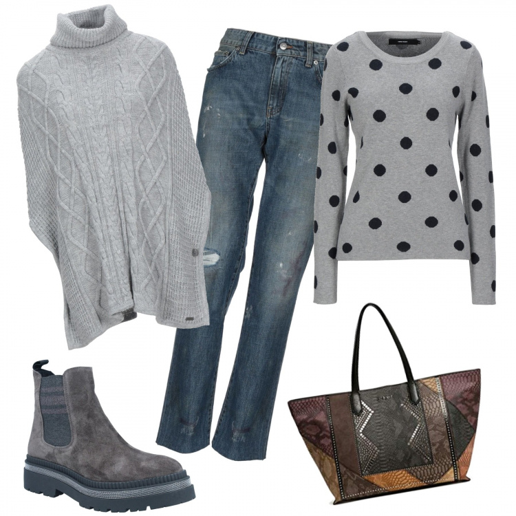 Outfit mujer - Trendy #68395. Estilo Trendy para Todos los días. Combinación con bolso shopper, botines chelsea, abrigos, jerséis, vaqueros rotos.
